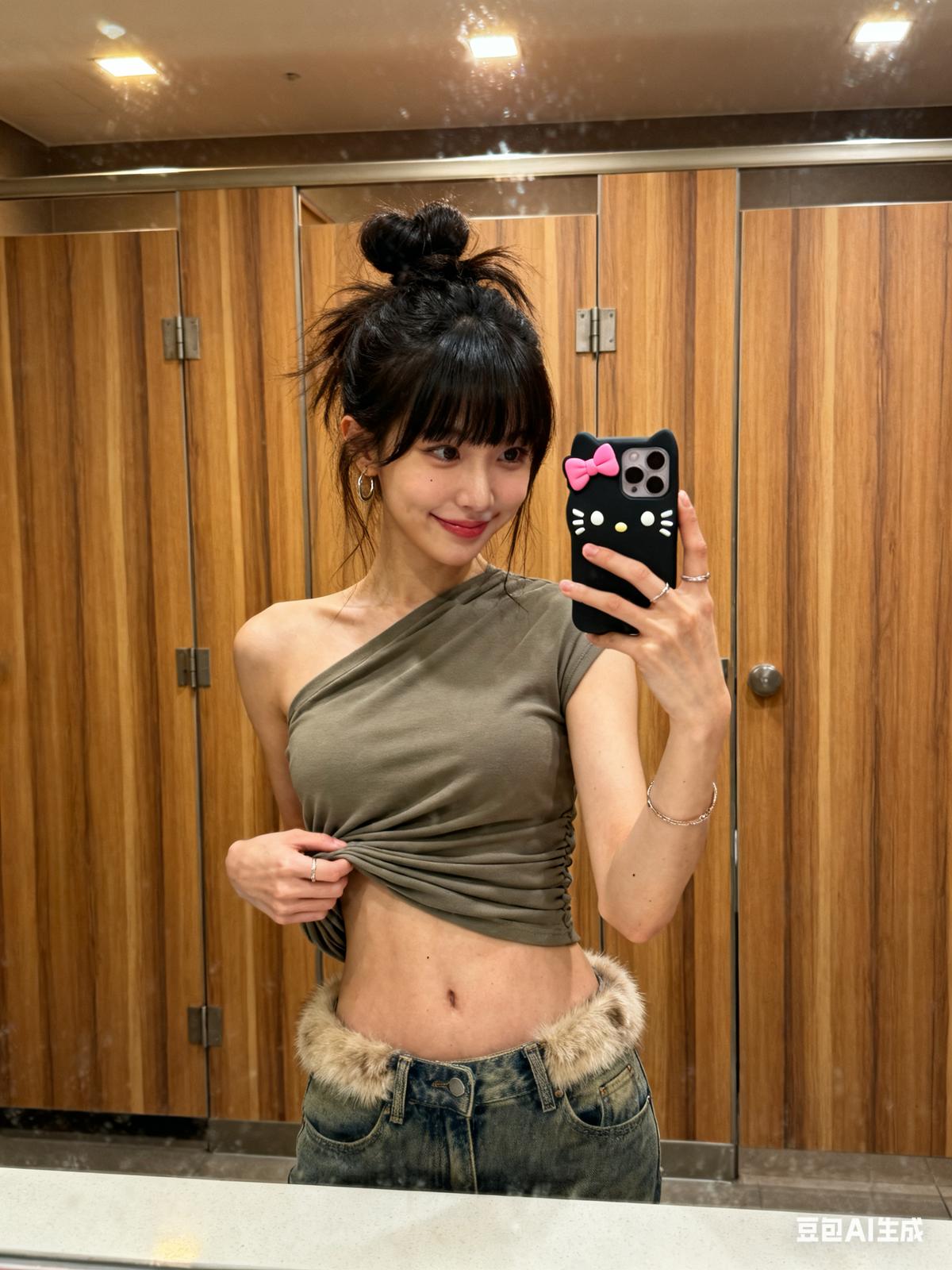 Stylish restroom dressing area captured via mirror.