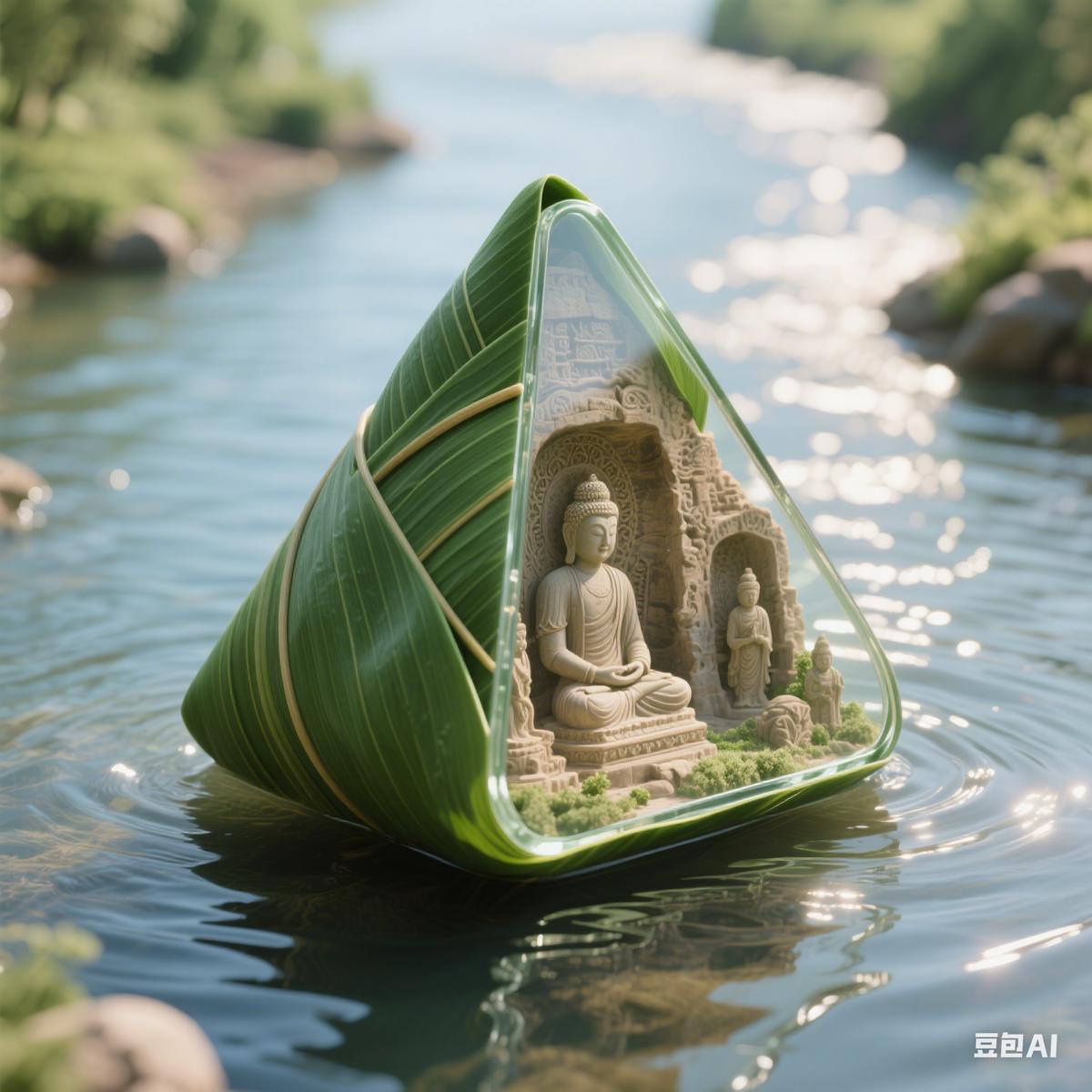 粽子装的微缩景观，粽子在河里面，粽子的一面是绿色的粽叶, 另一面是透明玻璃材质, 展示里面是云冈石窟，三维制作，C4D风格