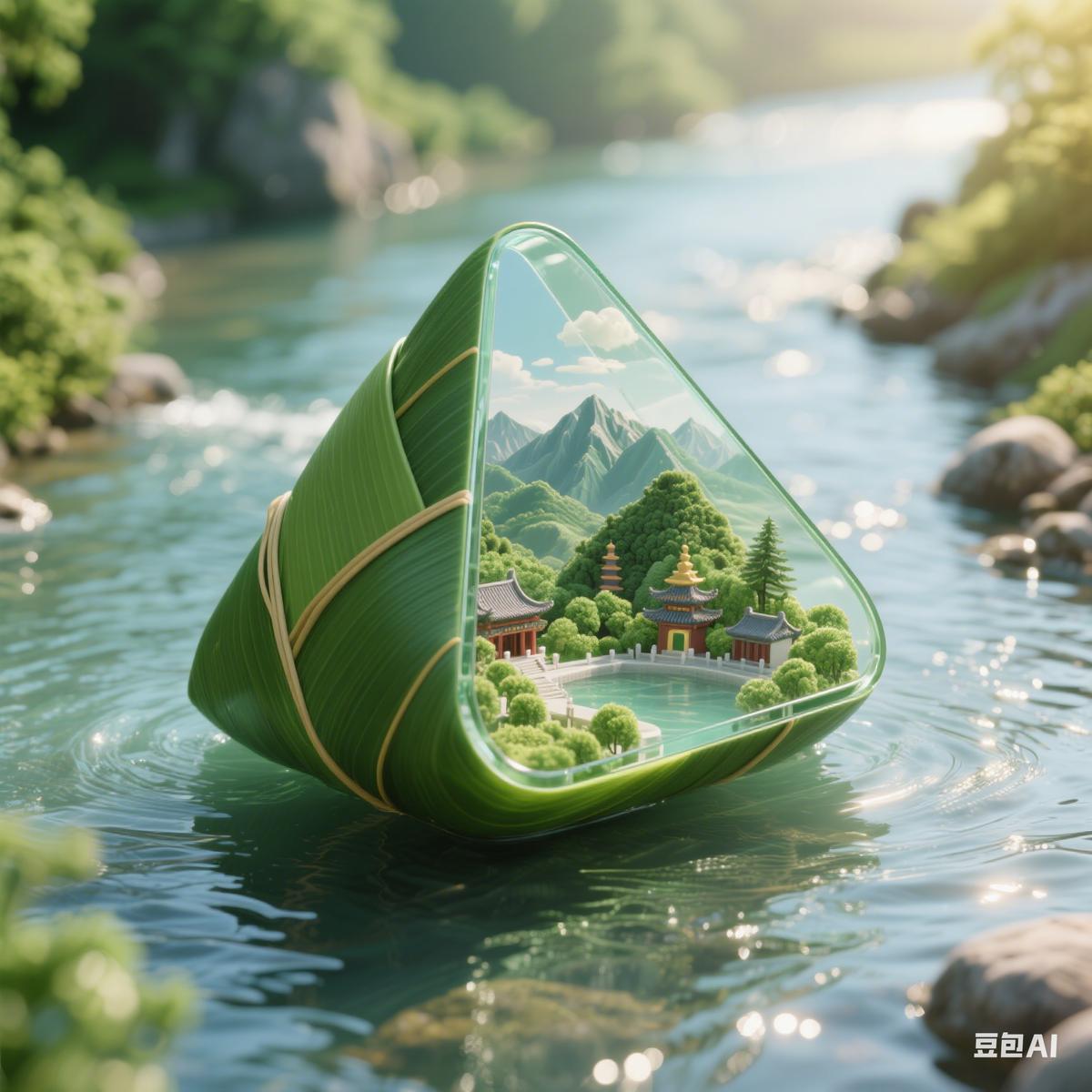 粽子装的微缩景观，粽子在河里面，粽子的一面是绿色的粽叶, 另一面是透明玻璃材质, 展示里面是云冈石窟，三维制作，C4D风格